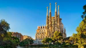 The Sagrada Familia, an iconic basilica in Barcelona, Spain, showcases intricate architecture and towering spires.